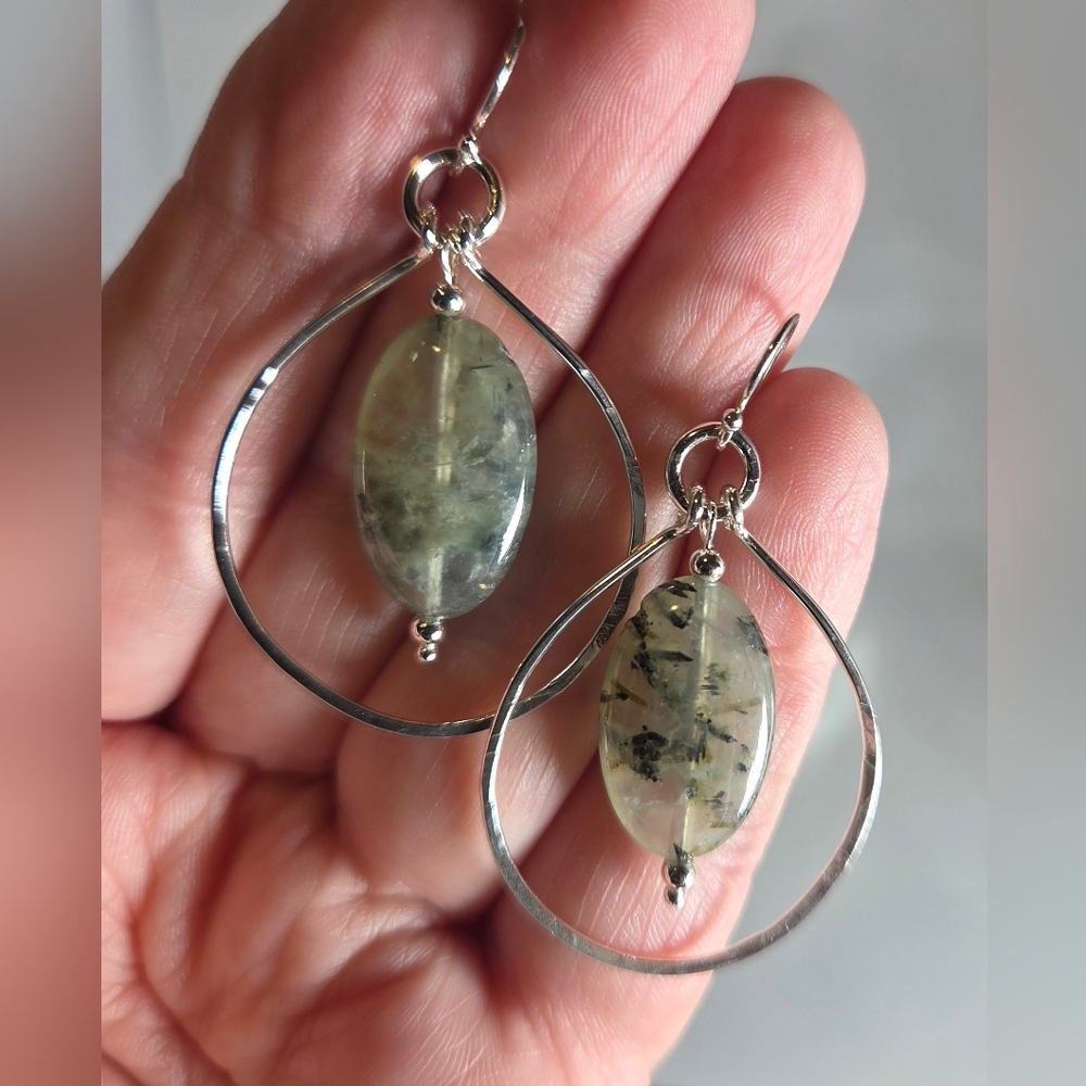 Beautiful Green Prehnite With Epidote And Argentium Silver Teardrop Earrings